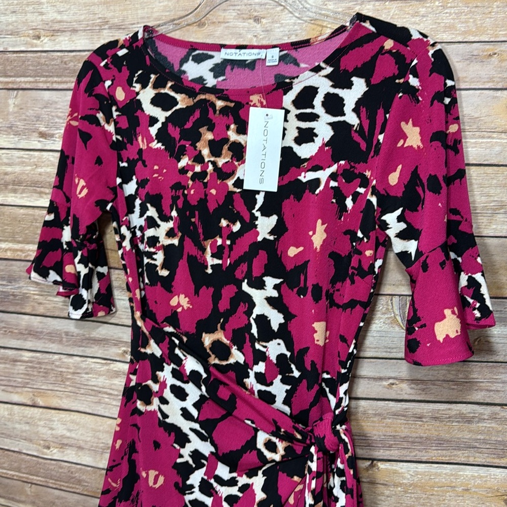 Notations faux wrap Stylish Pink and Black Animal Print Dress - Picture 6 of 8